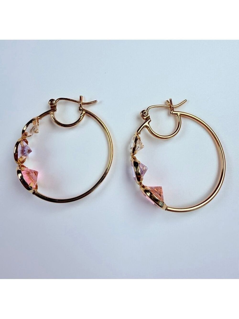 14K Solid Yellow Gold Rock Candy Gemstone Modern Hoop Earrings 28MM - Picture 8 of 13